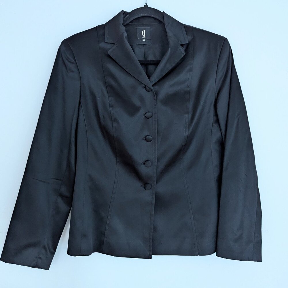 TJ Paris Women's Black Satin Suit Jacket Blazer Size 40 (US 8) Made in France